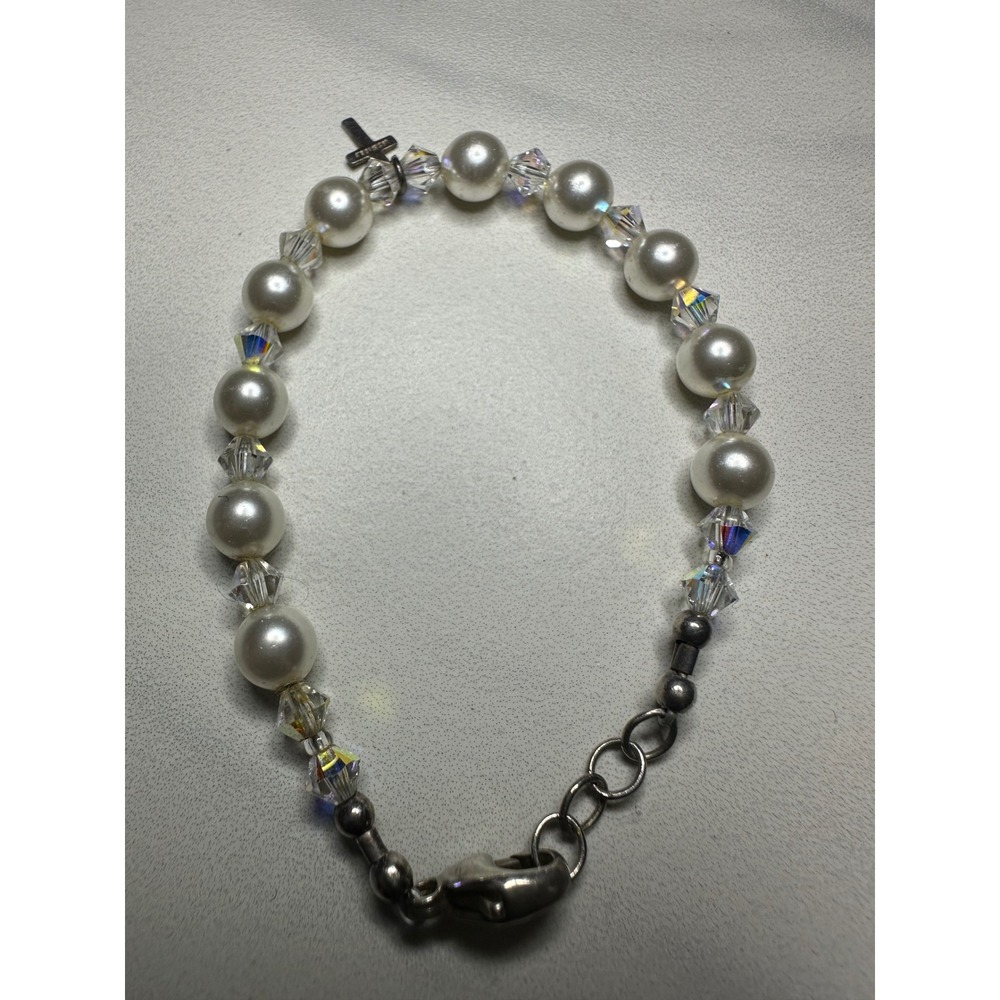 Sterling Silver 925 Pearl Crystal Beaded Bracelet with Cross Charm Religious - Picture 2 of 5